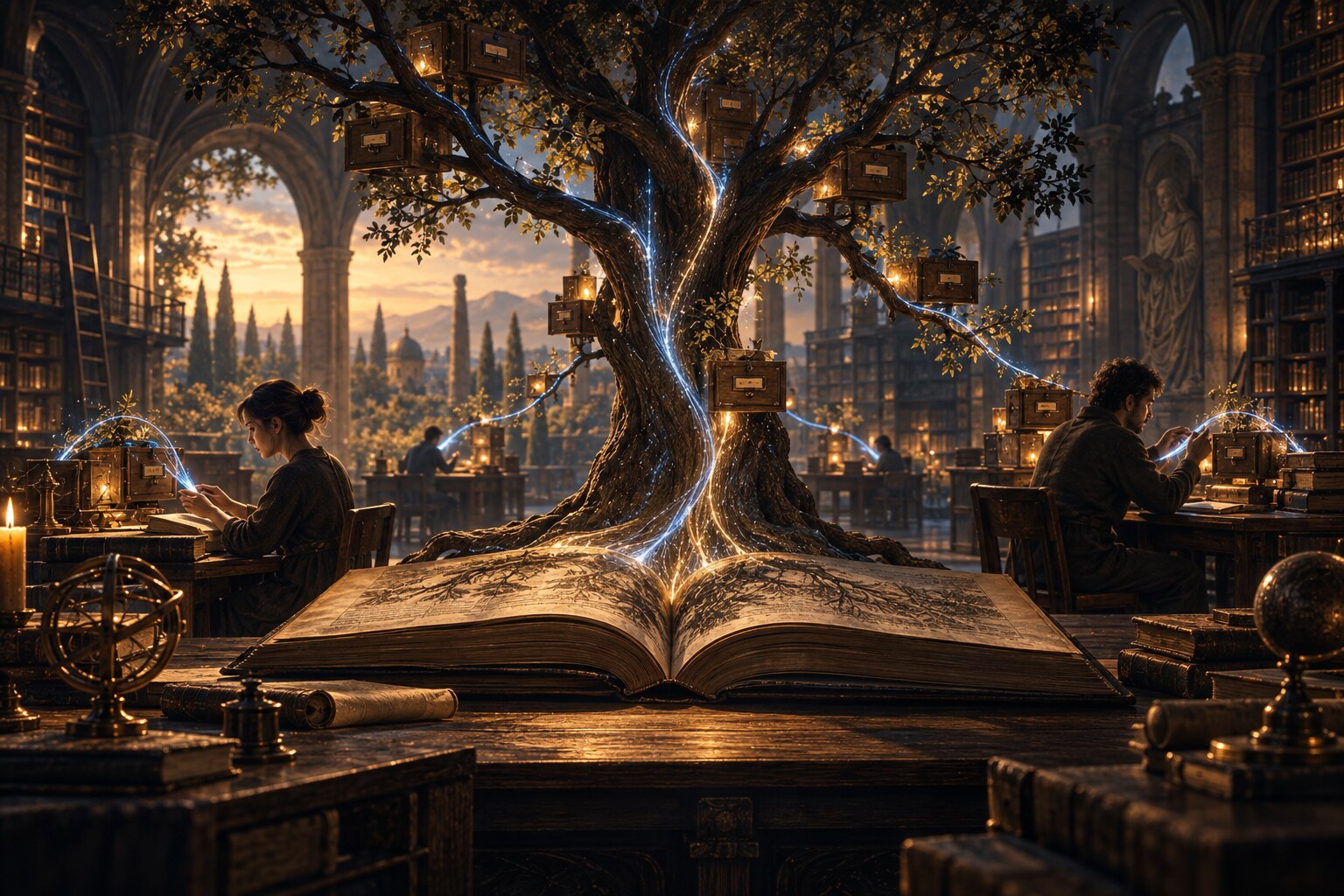 Een levende boom groeit uit een open boek en verbindt verschillende werktafels in een oude bibliotheek met lichtlijnen